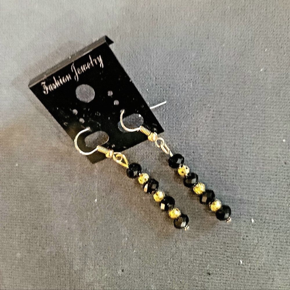 EBONY BLACK AUSTRIAN SWAROVS GOLD DISCO BALL ACCENT DROPDANGLE  PIERCED EARRINGS - Picture 4 of 5